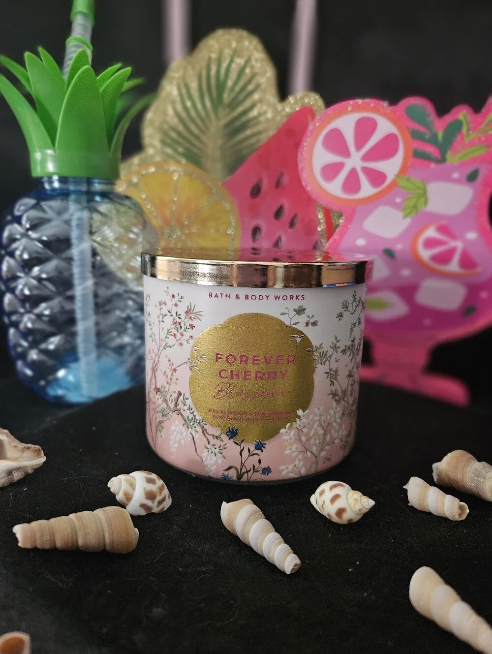 NWT Bath & Body Works Forever Cherry Blossom 3-wick Candle - Pink & Gold